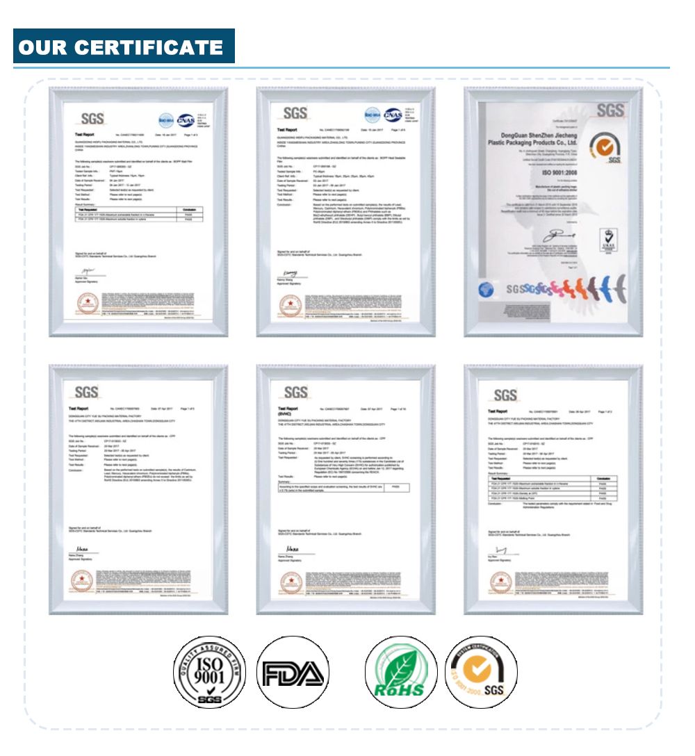 Printed Stand Up Pouches Certificate